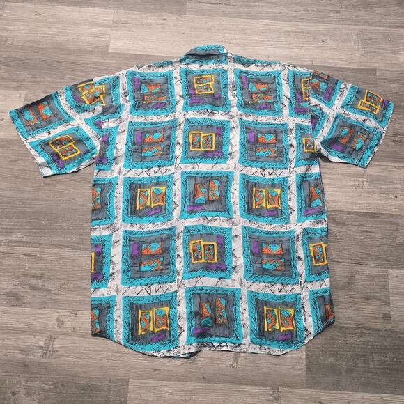Retro Protest Abstract Design 100% Silk Multi Color Button Up Short Sleeve Shirt - Picture 2 of 6